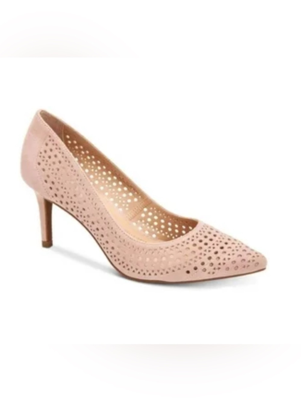 Pointed Toe Perforated Mid Heel Pump - Blush Pink- StepNFlex